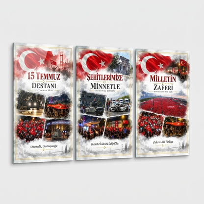 15 Temmuz Milli İrade Zaferi Dikey 3'lü Set Cam Tablo