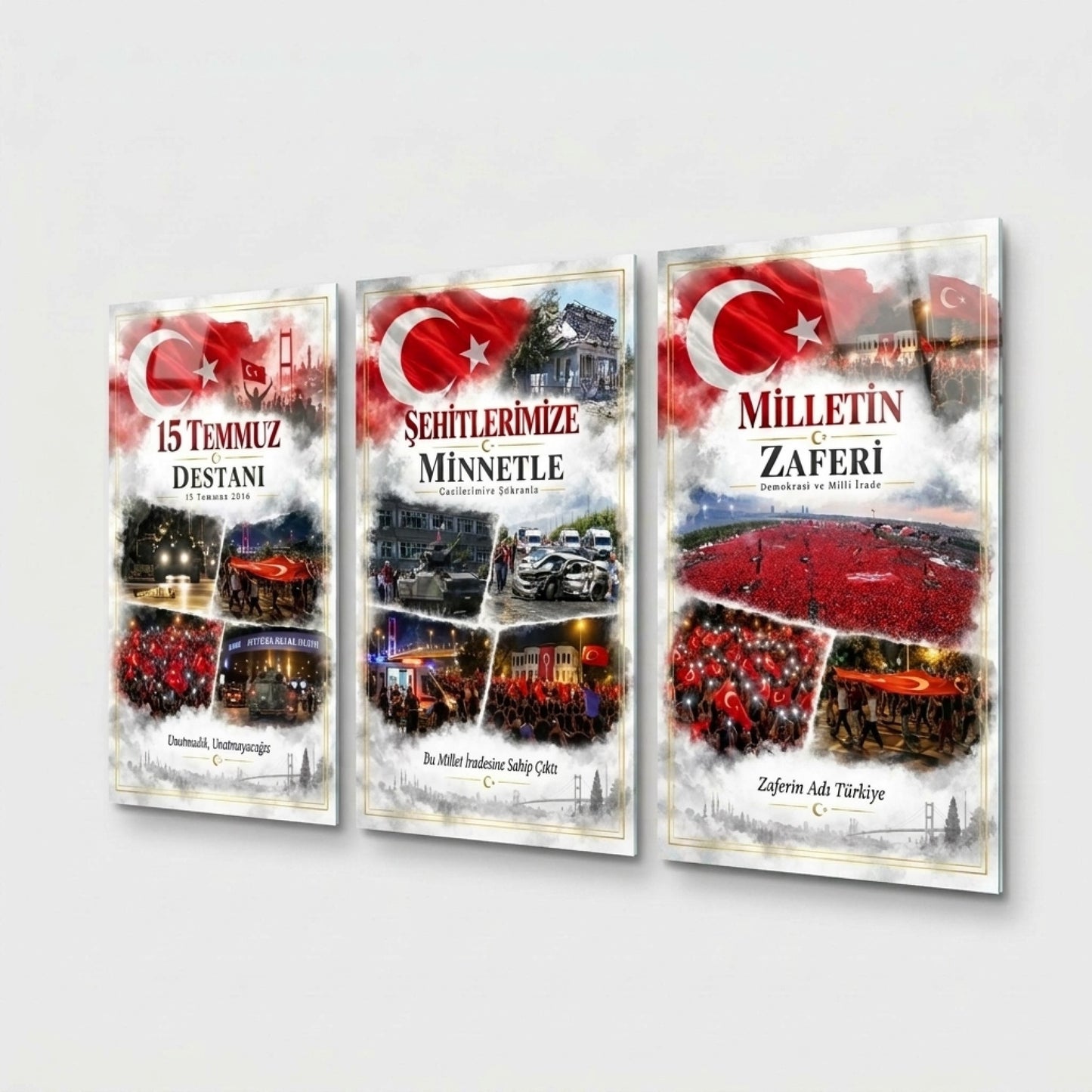 15 Temmuz Milli İrade Zaferi Dikey 3'lü Set Cam Tablo