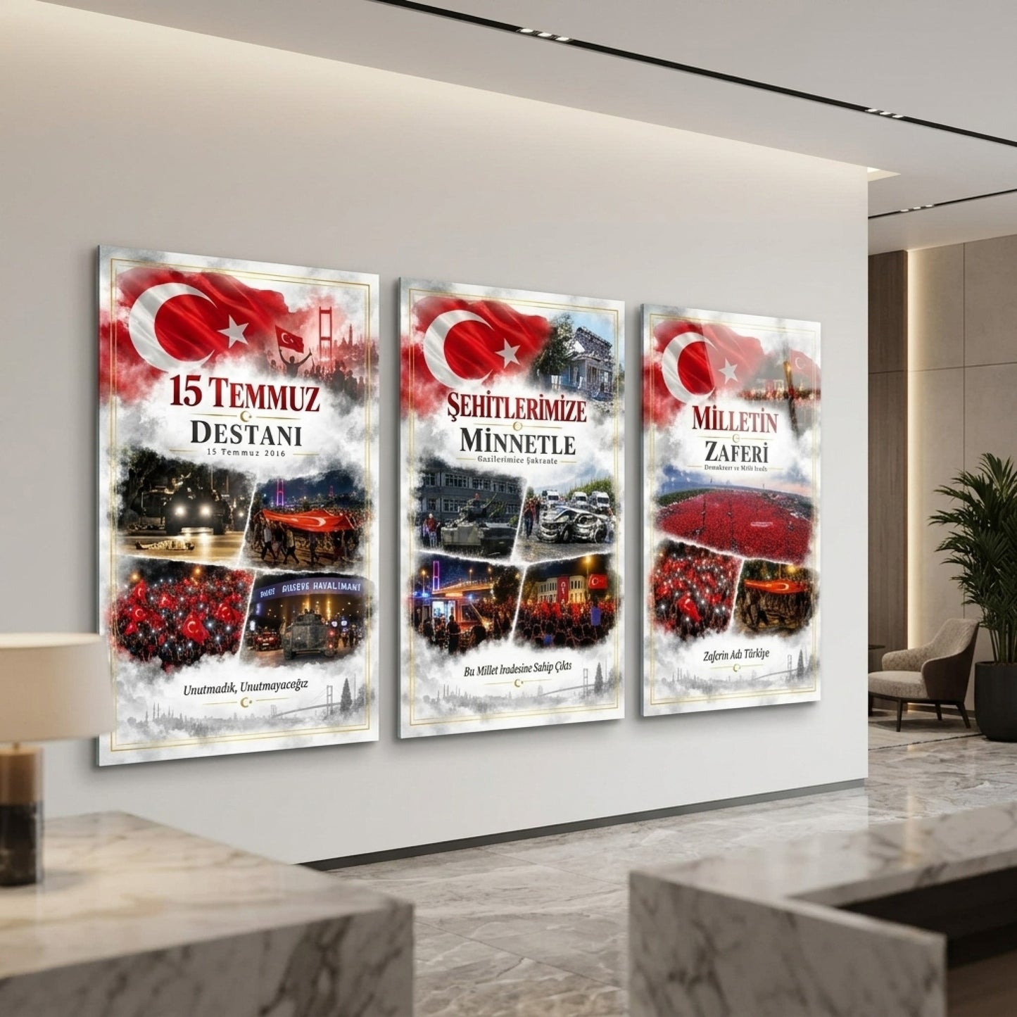 15 Temmuz Milli İrade Zaferi Dikey 3'lü Set Cam Tablo