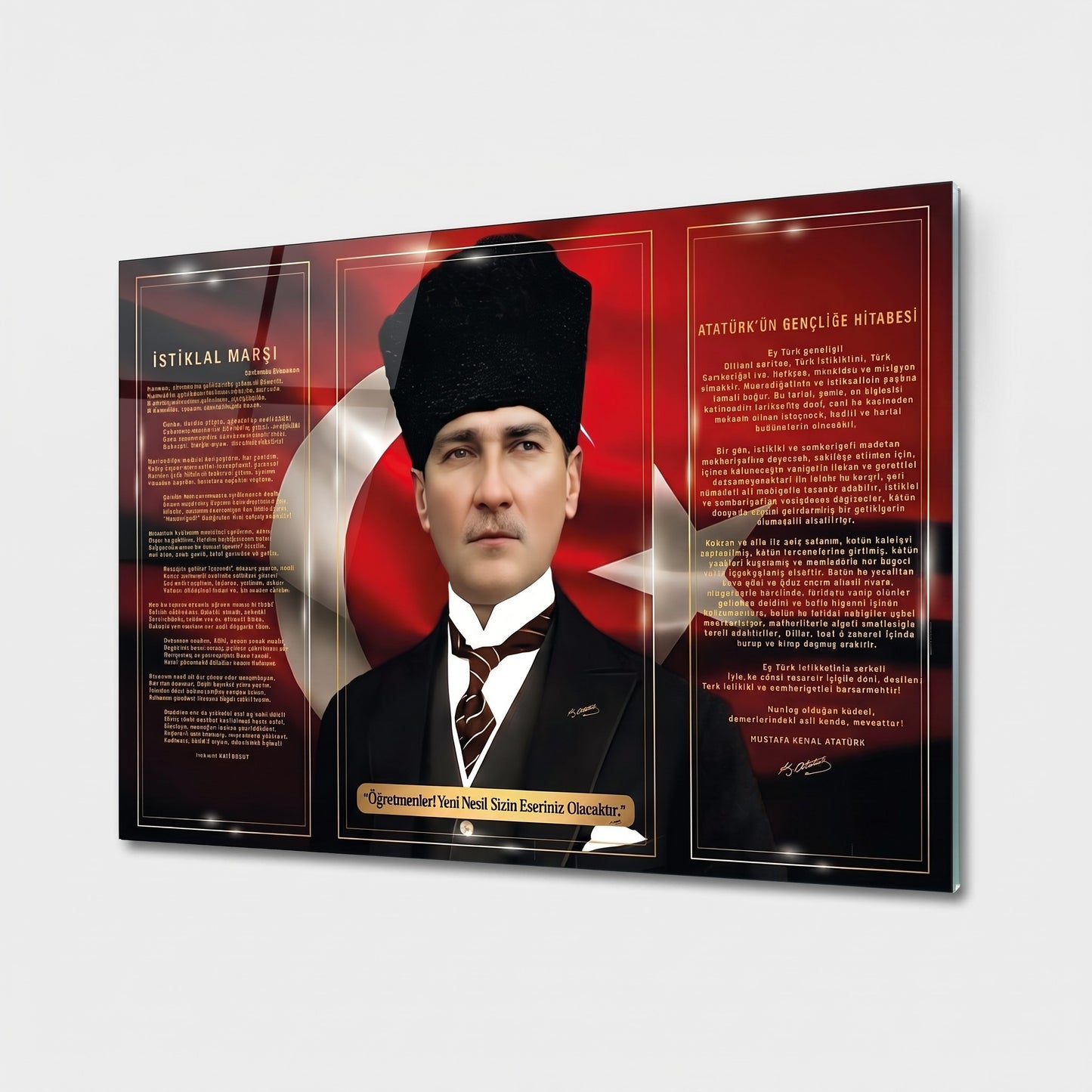 Atatürk İstiklal Marşı Hitabe Portre Yatay Cam Tablo