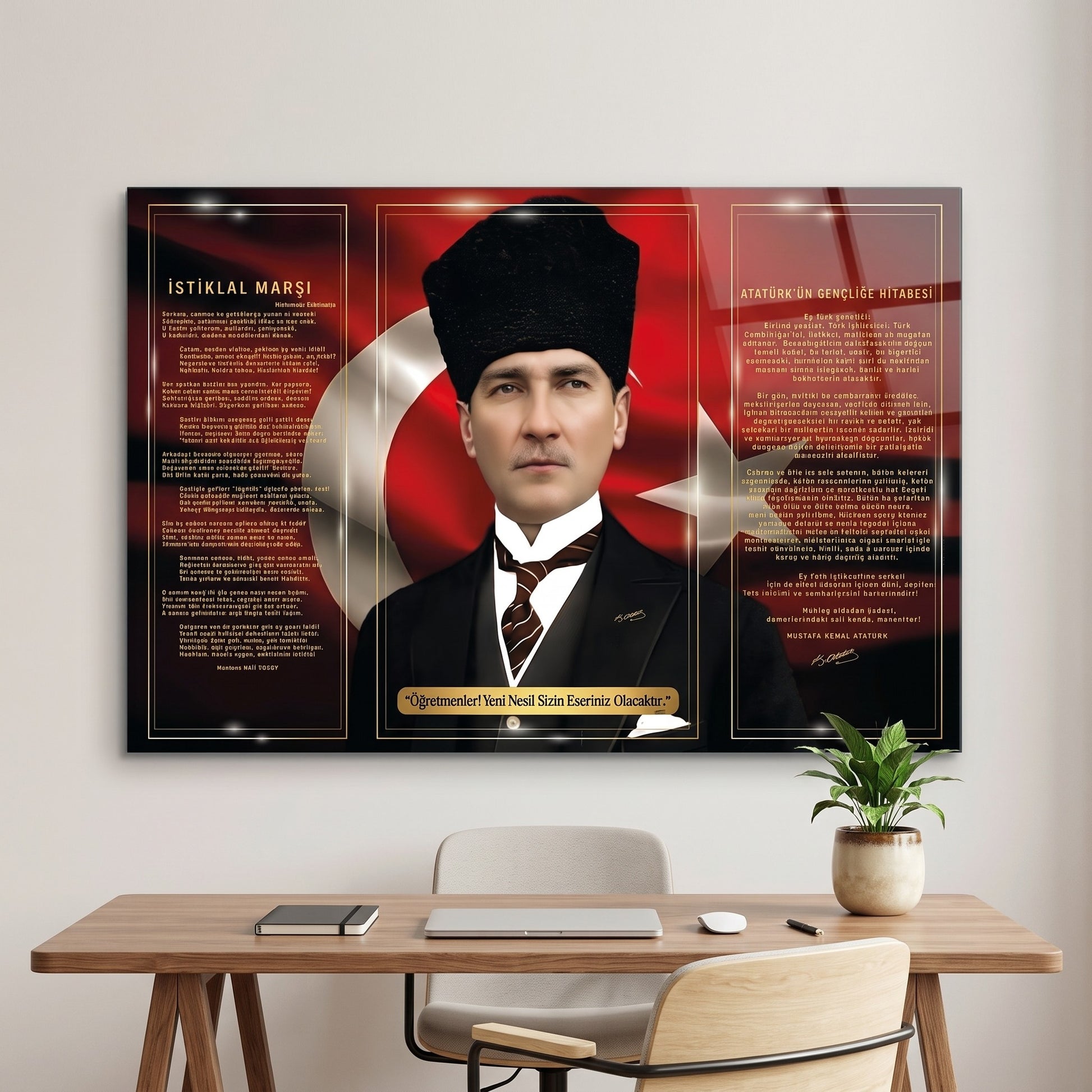 Atatürk İstiklal Marşı Hitabe Portre Yatay Cam Tablo