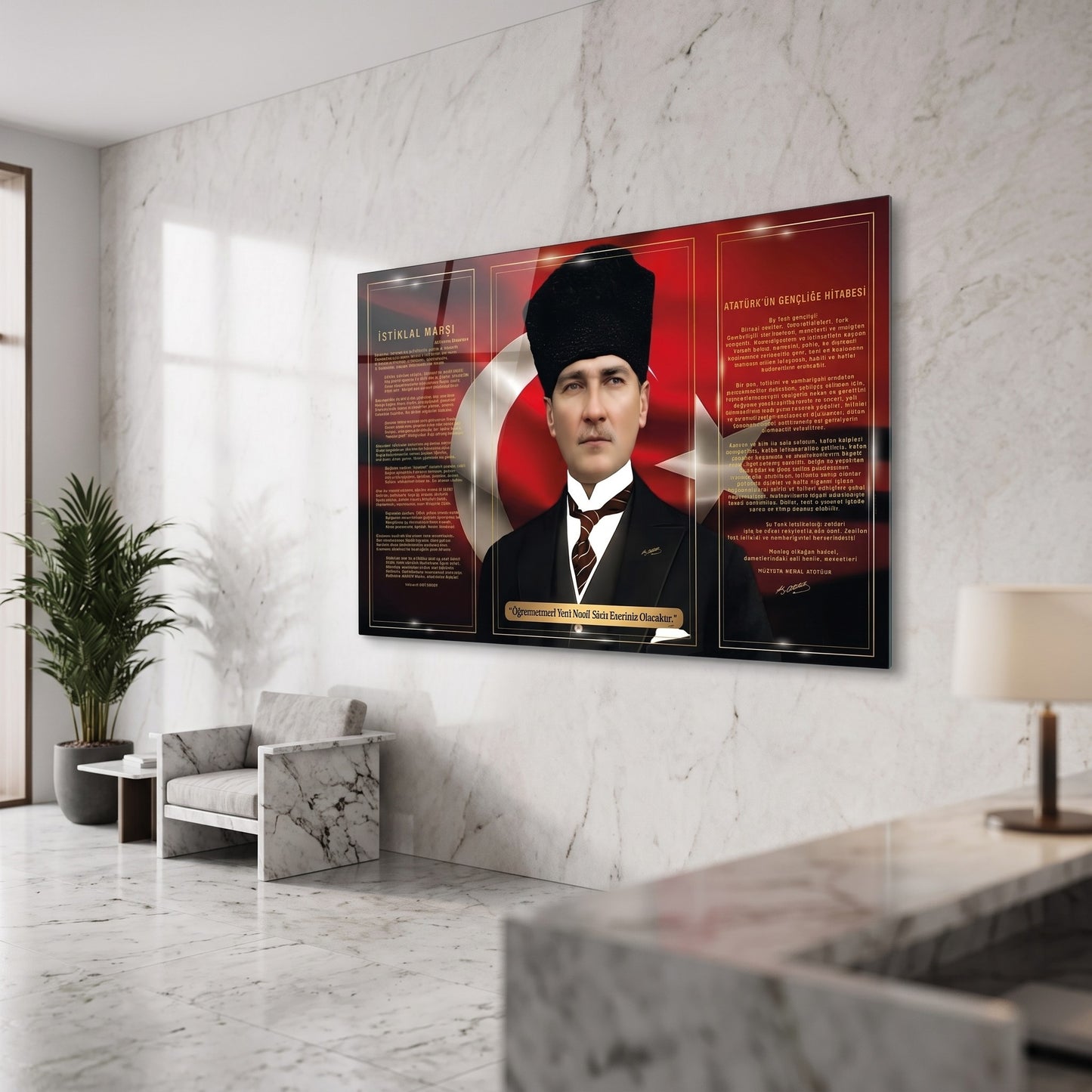 Atatürk İstiklal Marşı Hitabe Portre Yatay Cam Tablo