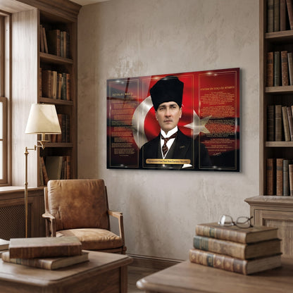 Atatürk İstiklal Marşı Hitabe Portre Yatay Cam Tablo