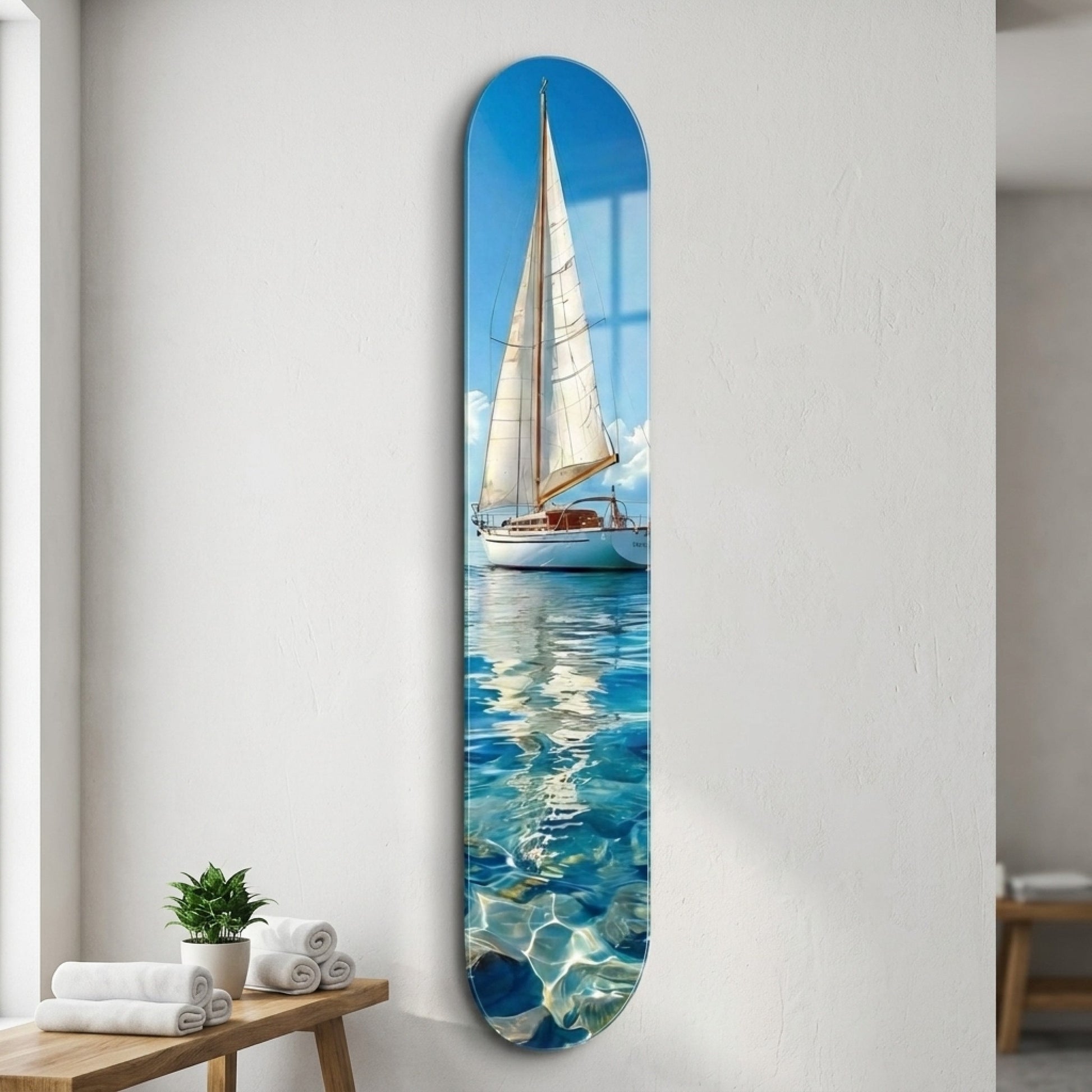 Güneşli Denizde Beyaz Yelkenli Tekne Skate Board Cam Tablo
