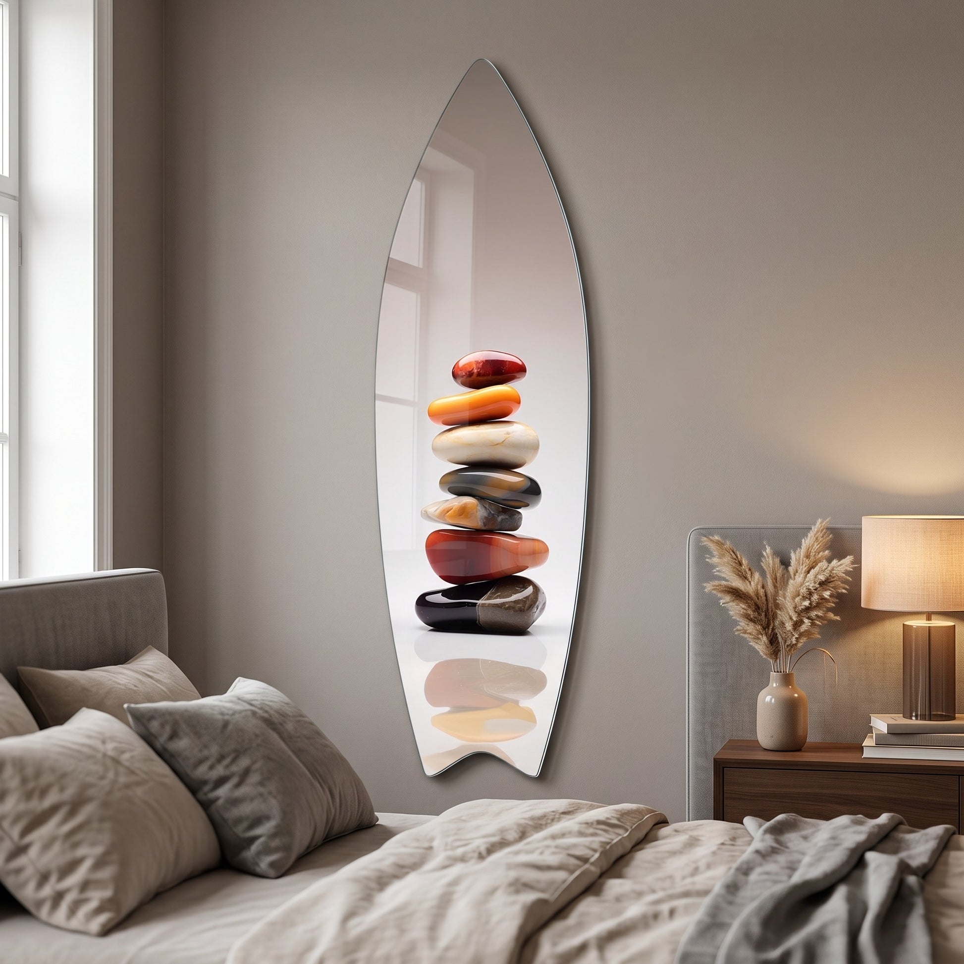 Renkli Doğal Dengeli Taşlar Sanatı Surf Board Cam Tablo