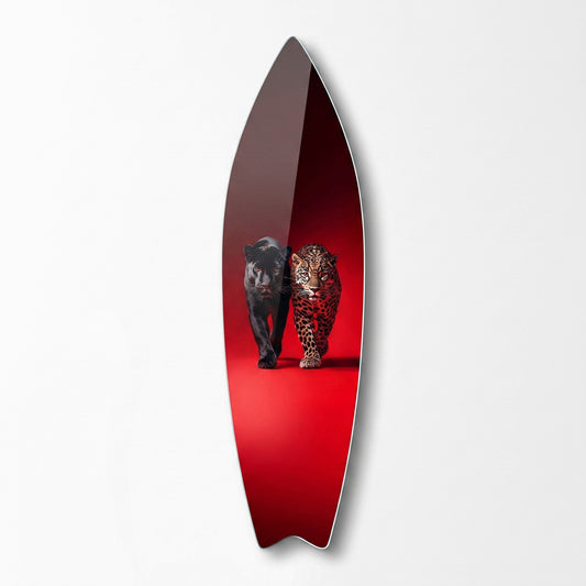 Kırmızı Arka Planda Siyah Panter Leopar Surf Board Cam Tablo