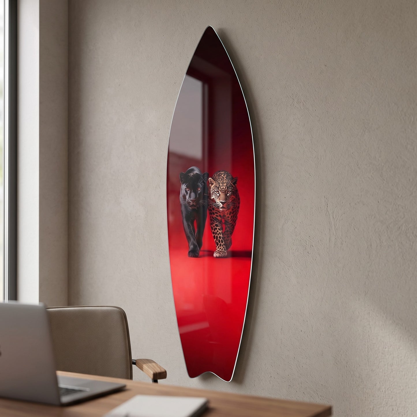 Kırmızı Arka Planda Siyah Panter Leopar Surf Board Cam Tablo