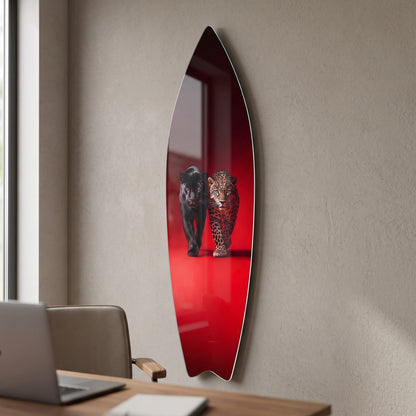 Kırmızı Arka Planda Siyah Panter Leopar Surf Board Cam Tablo