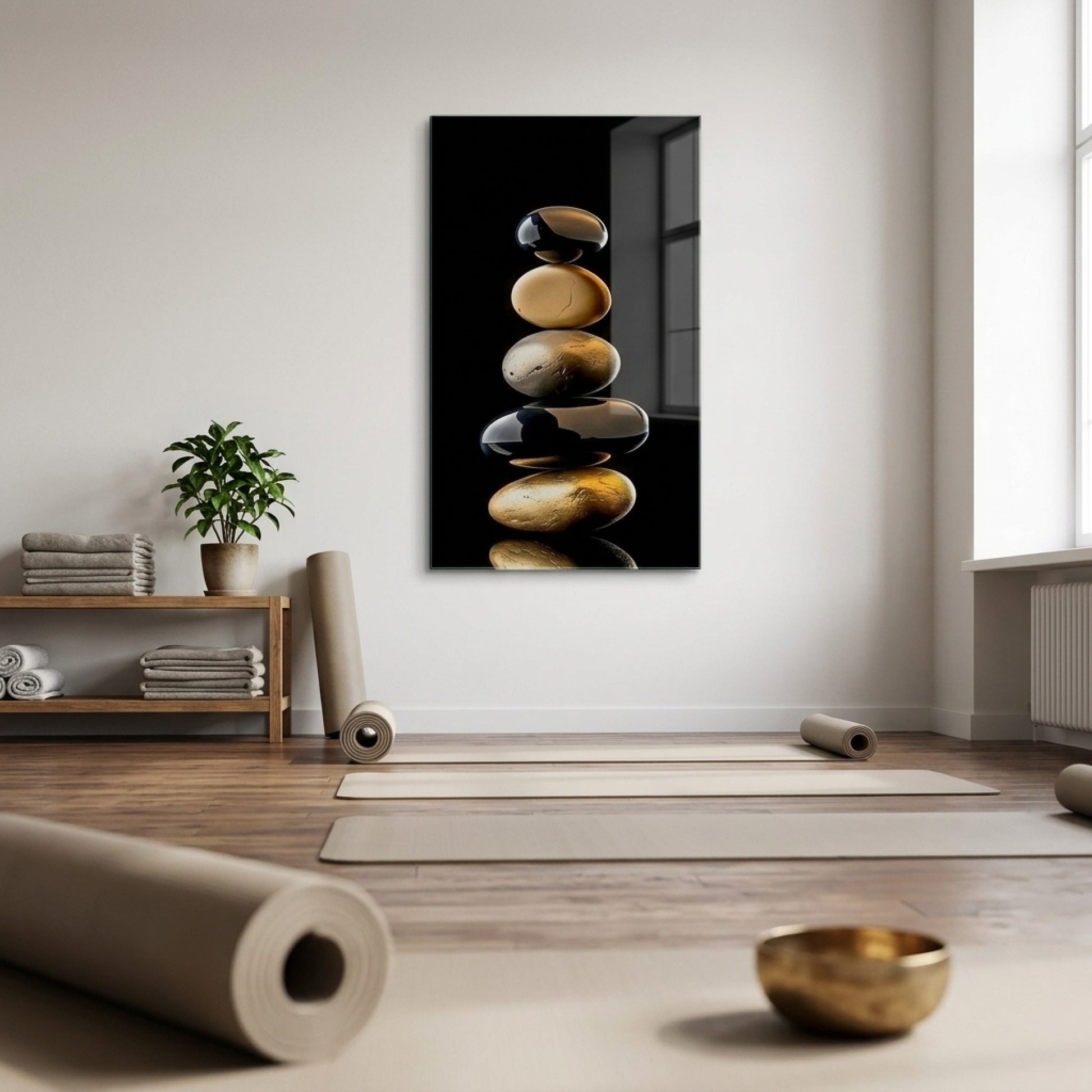 Zen Denge Taşları Siyah ve Altın Sarısı Dikey Cam Tablo
