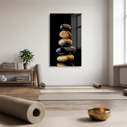 Zen Denge Taşları Siyah ve Altın Sarısı Dikey Cam Tablo