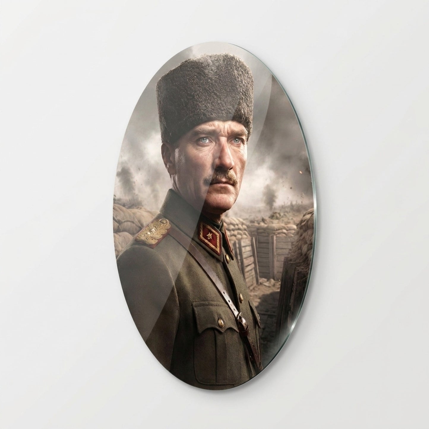 Gazi Mustafa Kemal Atatürk Kalpaklı Portre Oval Dikey Cam Tablo