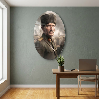 Gazi Mustafa Kemal Atatürk Kalpaklı Portre Oval Dikey Cam Tablo