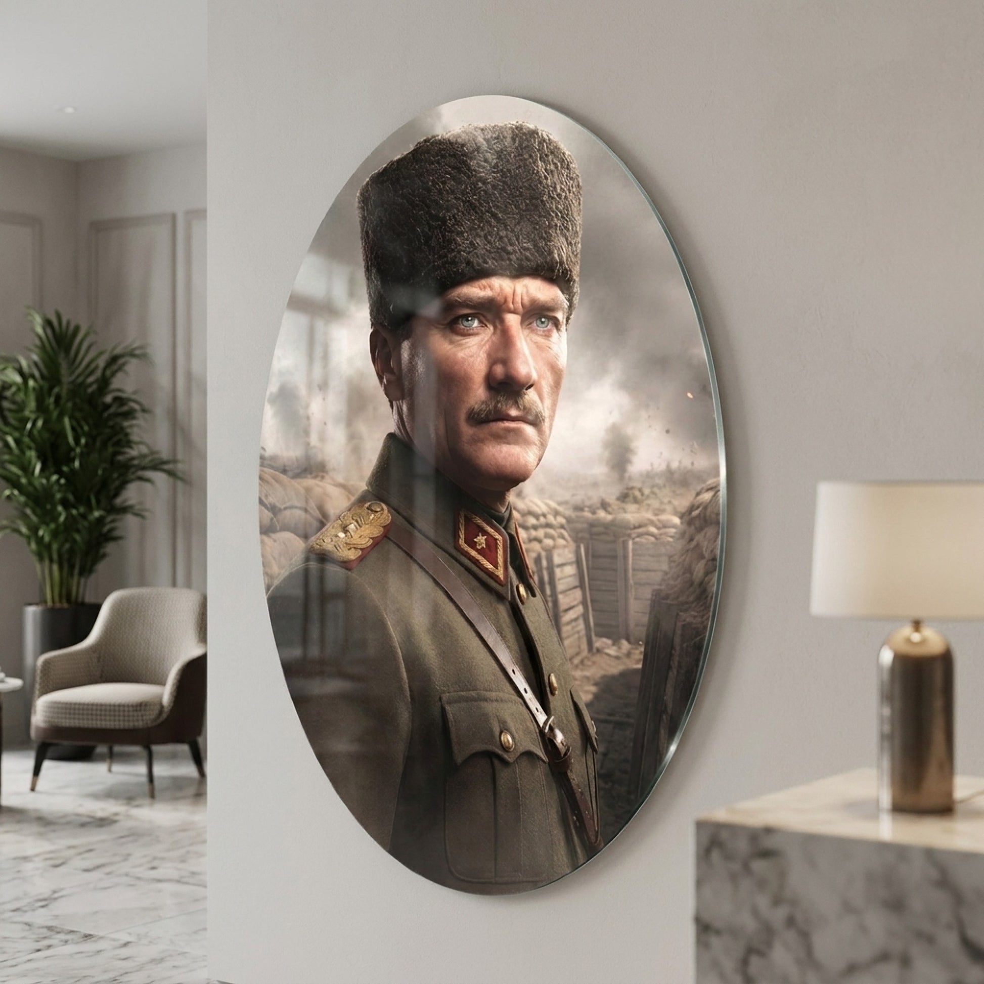 Gazi Mustafa Kemal Atatürk Kalpaklı Portre Oval Dikey Cam Tablo