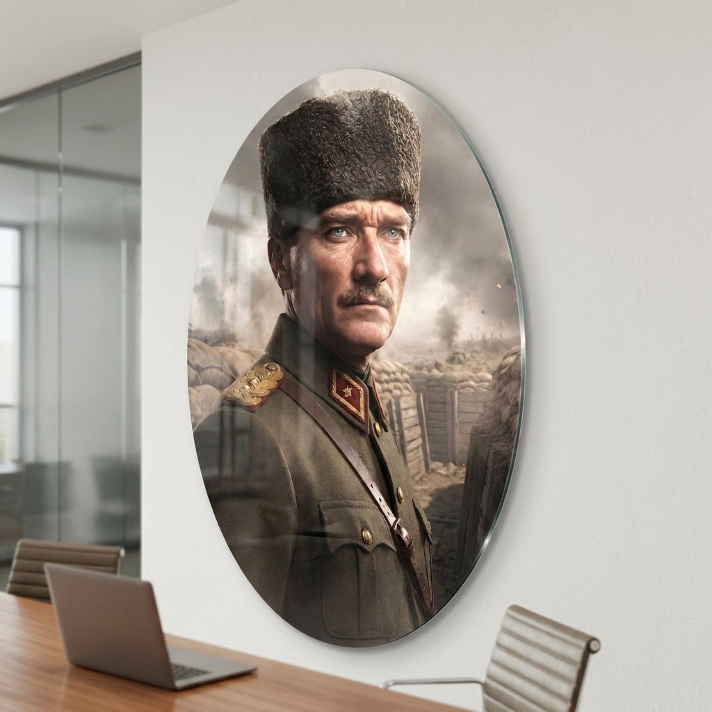 Gazi Mustafa Kemal Atatürk Kalpaklı Portre Oval Dikey Cam Tablo