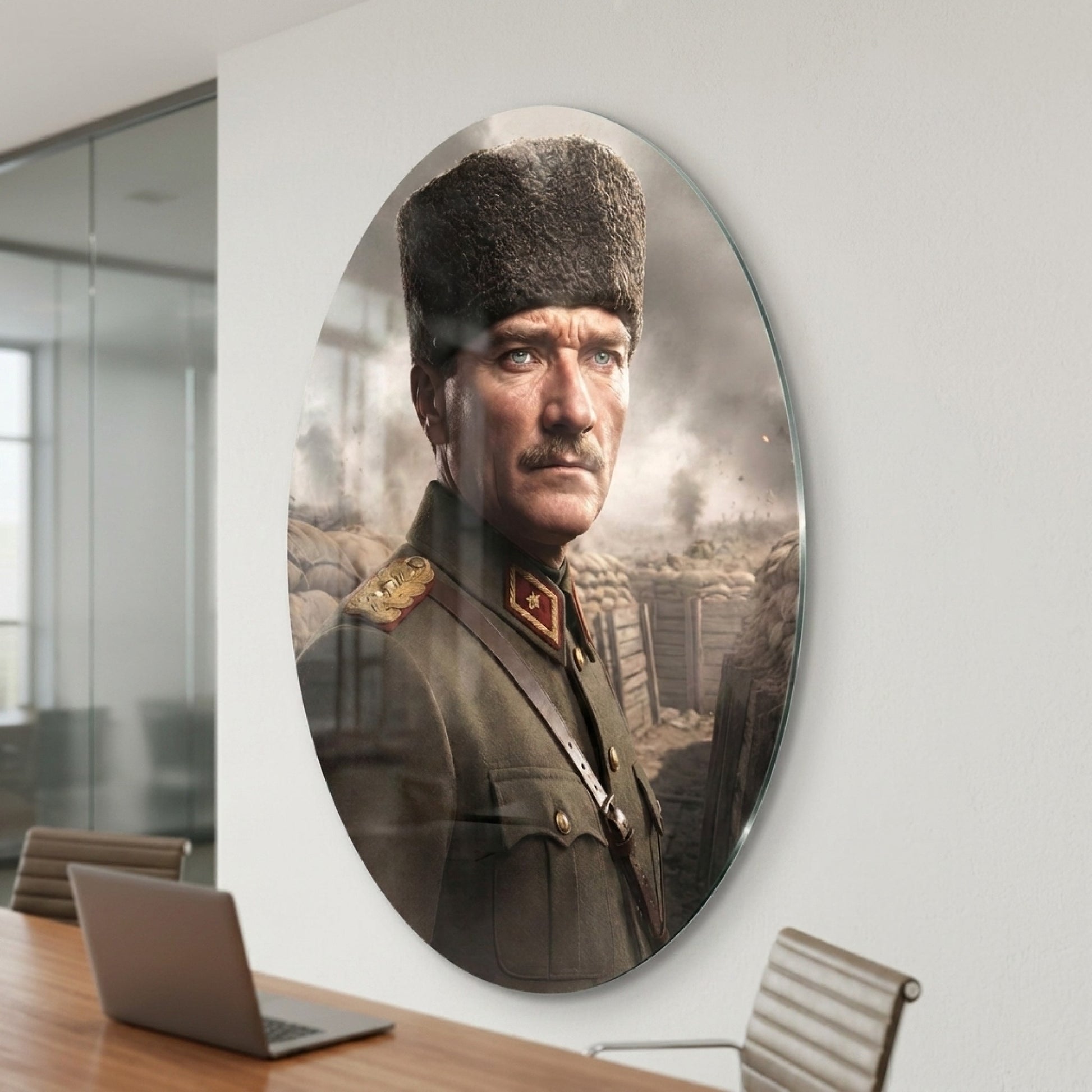 Gazi Mustafa Kemal Atatürk Kalpaklı Portre Oval Dikey Cam Tablo