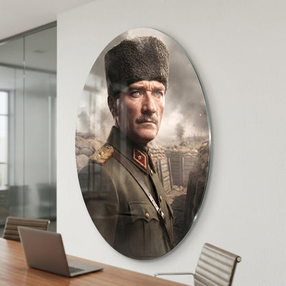 Gazi Mustafa Kemal Atatürk Kalpaklı Portre Oval Dikey Cam Tablo