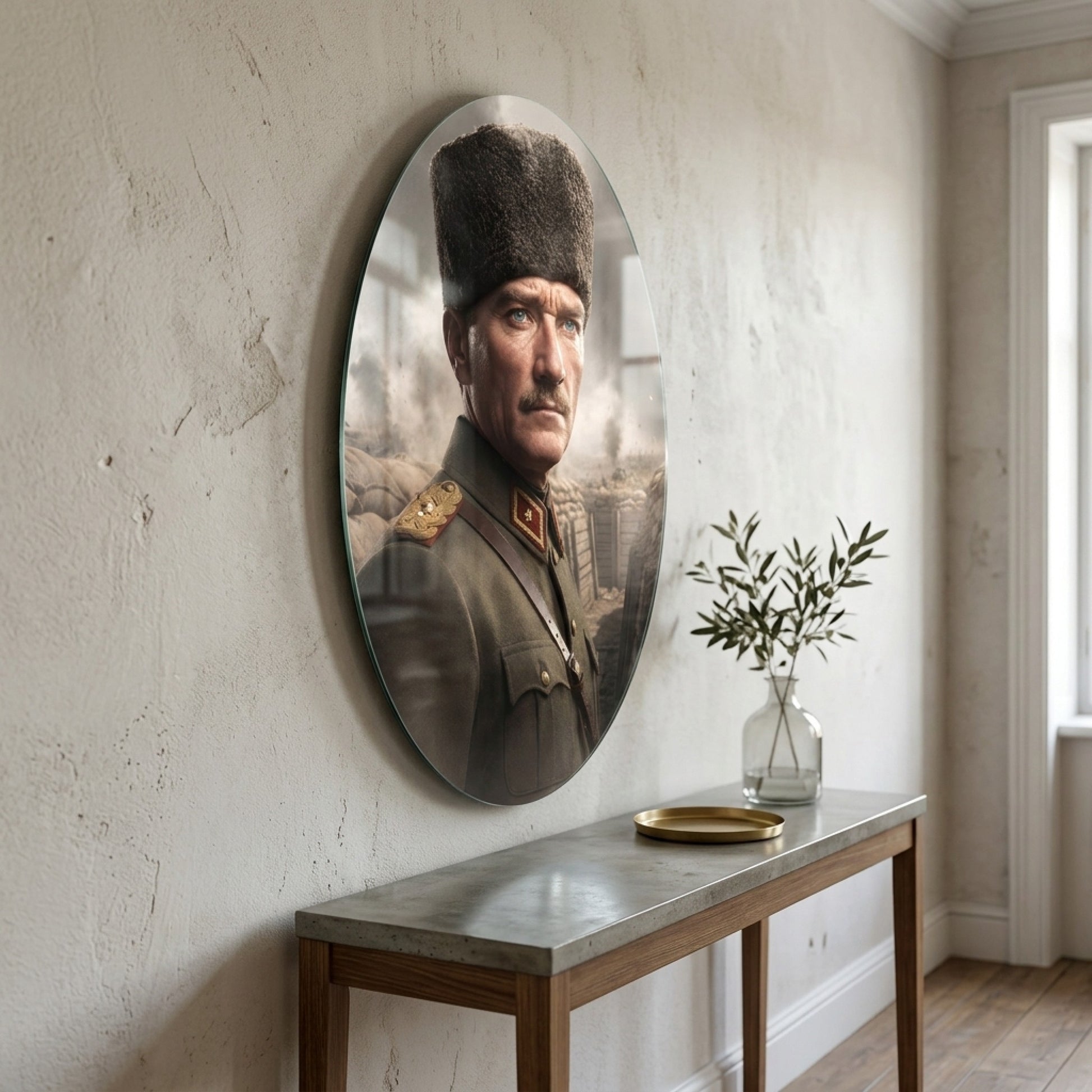 Gazi Mustafa Kemal Atatürk Kalpaklı Portre Oval Dikey Cam Tablo