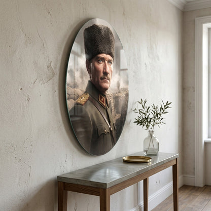 Gazi Mustafa Kemal Atatürk Kalpaklı Portre Oval Dikey Cam Tablo