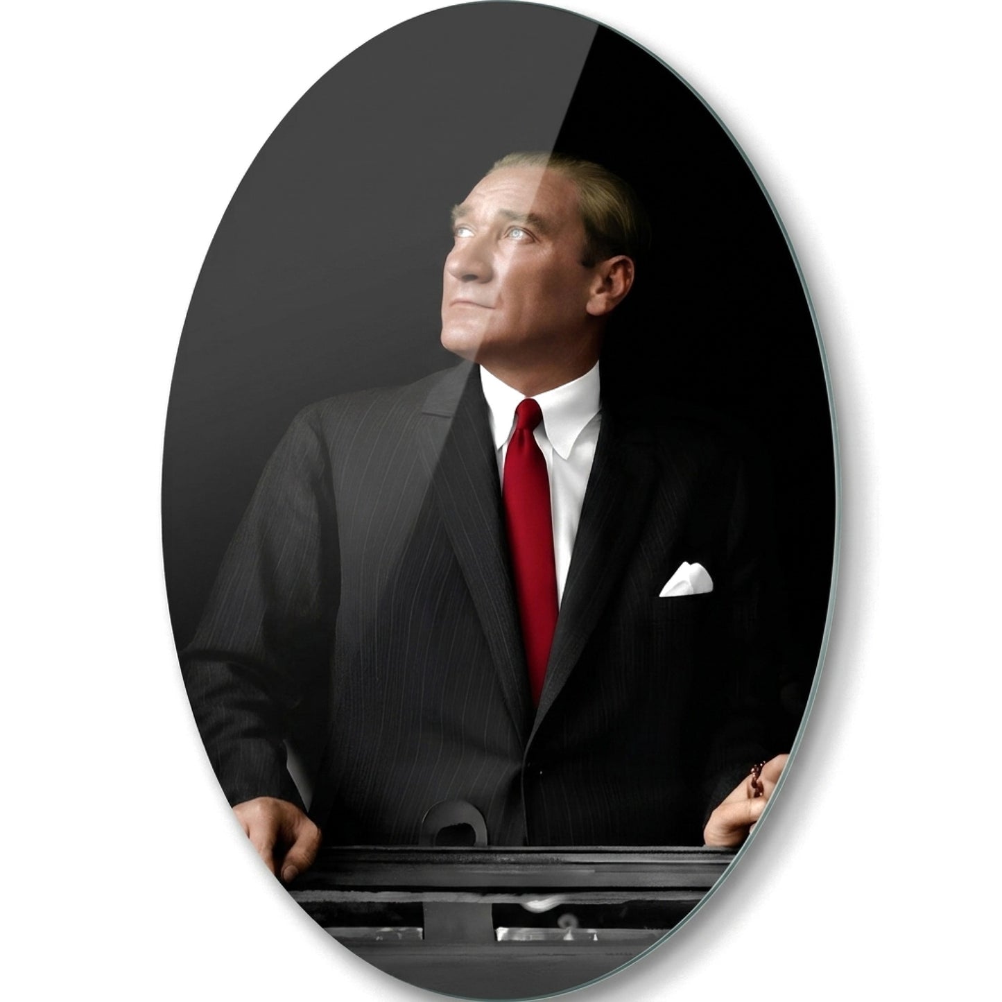 Klasik Atatürk Portresi Cam Tablosu Oval Dikey Cam Tablo