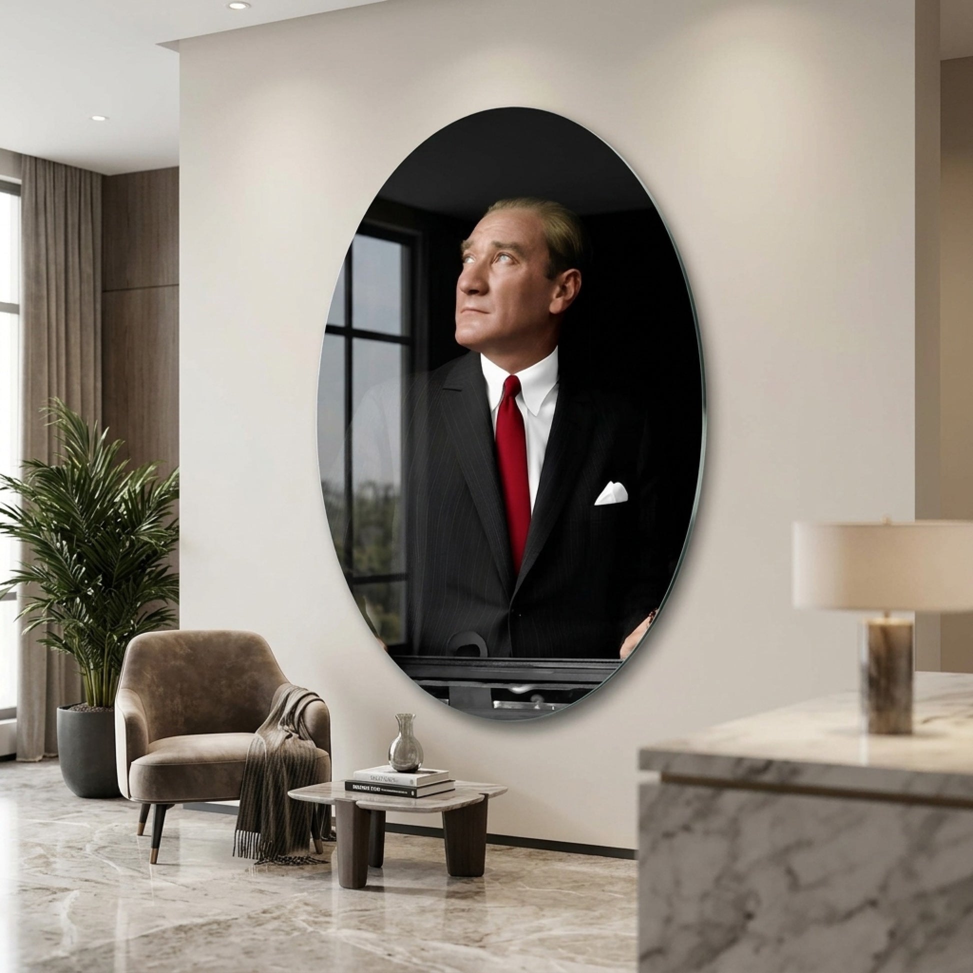 Klasik Atatürk Portresi Cam Tablosu Oval Dikey Cam Tablo