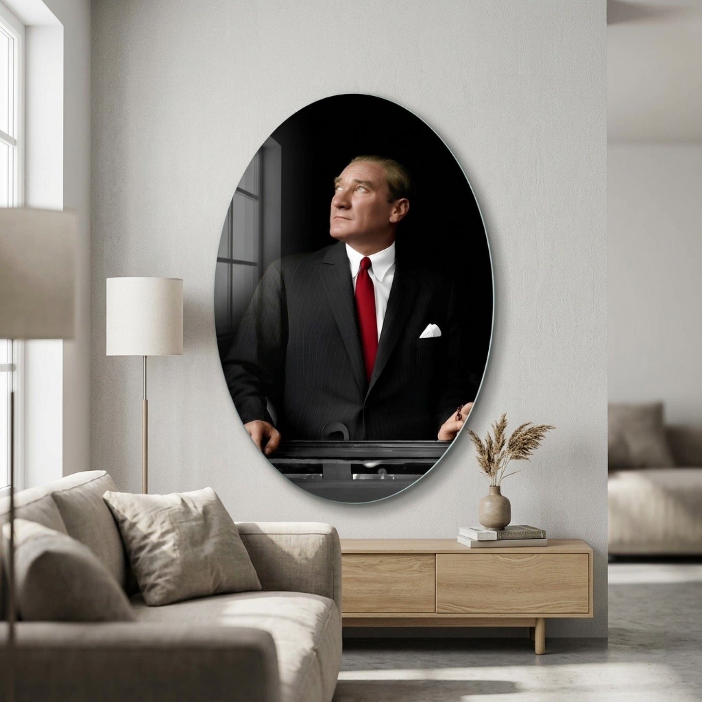 Klasik Atatürk Portresi Cam Tablosu Oval Dikey Cam Tablo