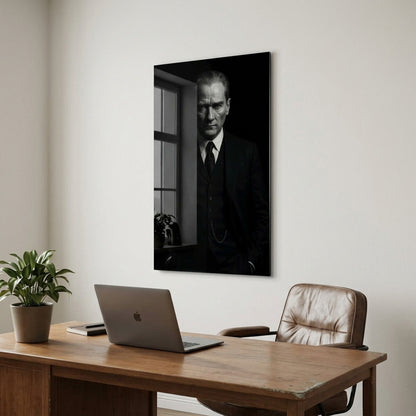 Atatürk Portresi Siyah Beyaz Dikey Cam Tablo