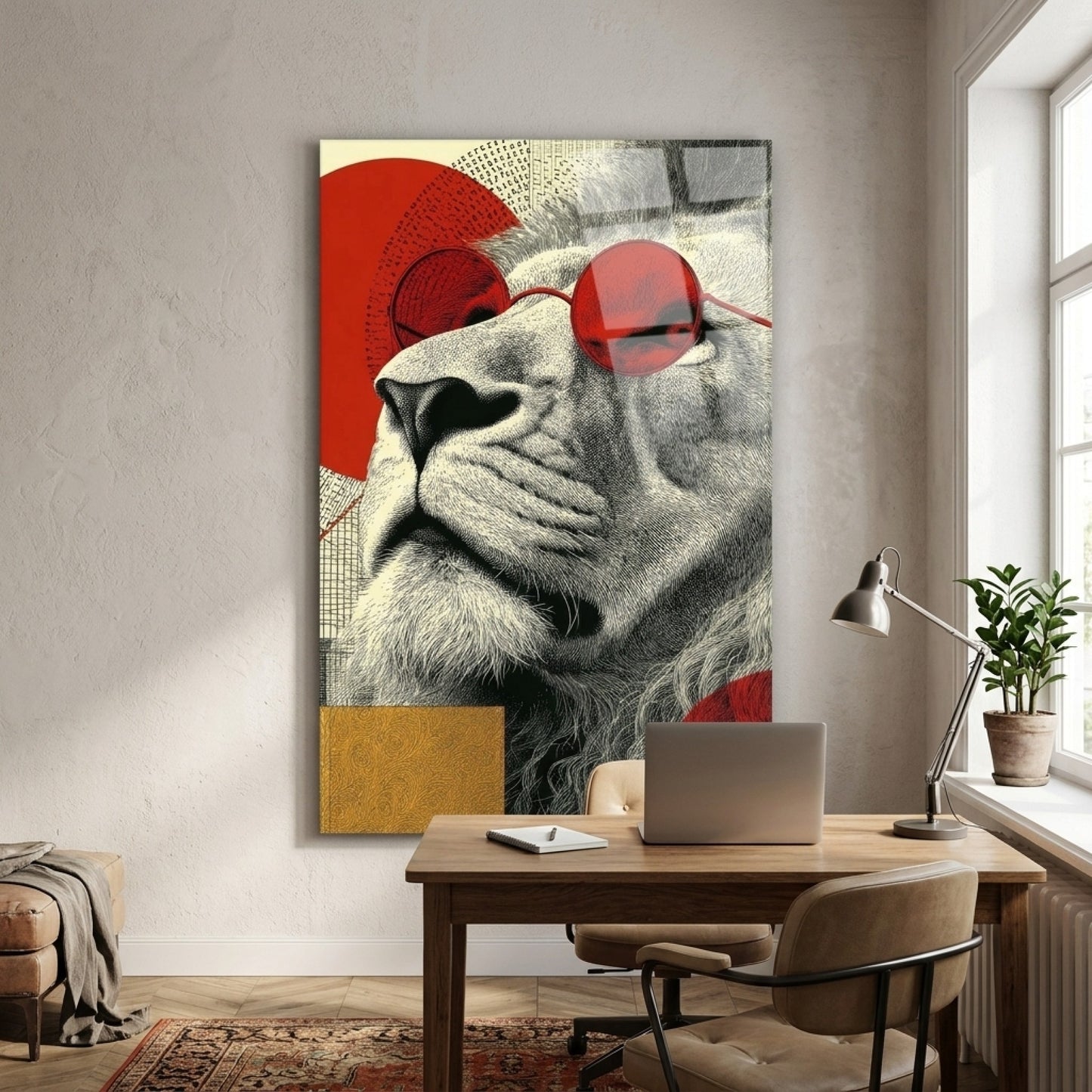 Modern Kirmizi Gozluklu Aslan Sanat Calismasi Dikey Cam Tablo