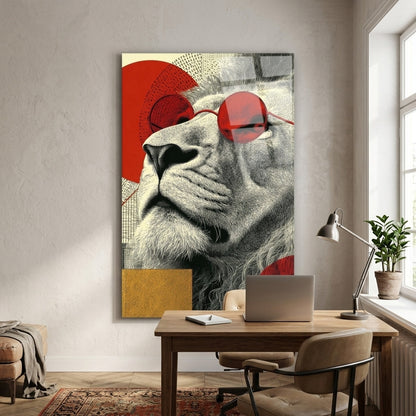 Modern Kirmizi Gozluklu Aslan Sanat Calismasi Dikey Cam Tablo