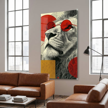 Modern Kirmizi Gozluklu Aslan Sanat Calismasi Dikey Cam Tablo