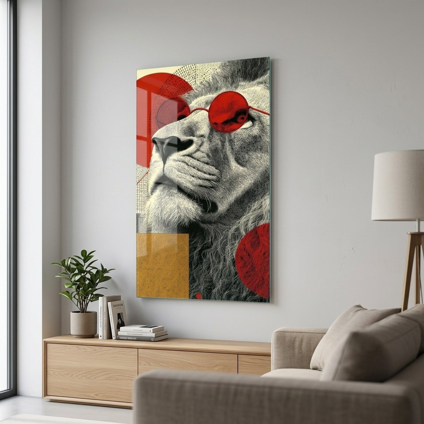 Modern Kirmizi Gozluklu Aslan Sanat Calismasi Dikey Cam Tablo