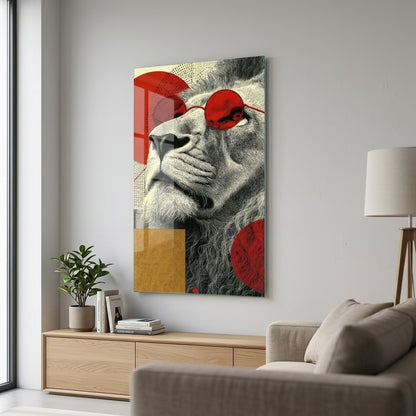 Modern Kirmizi Gozluklu Aslan Sanat Calismasi Dikey Cam Tablo