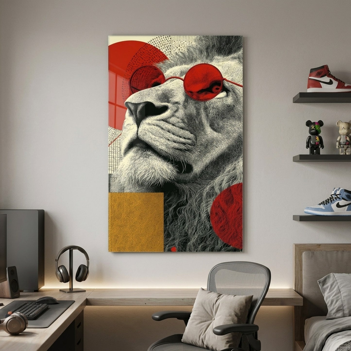 Modern Kirmizi Gozluklu Aslan Sanat Calismasi Dikey Cam Tablo