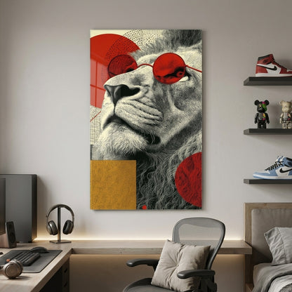 Modern Kirmizi Gozluklu Aslan Sanat Calismasi Dikey Cam Tablo