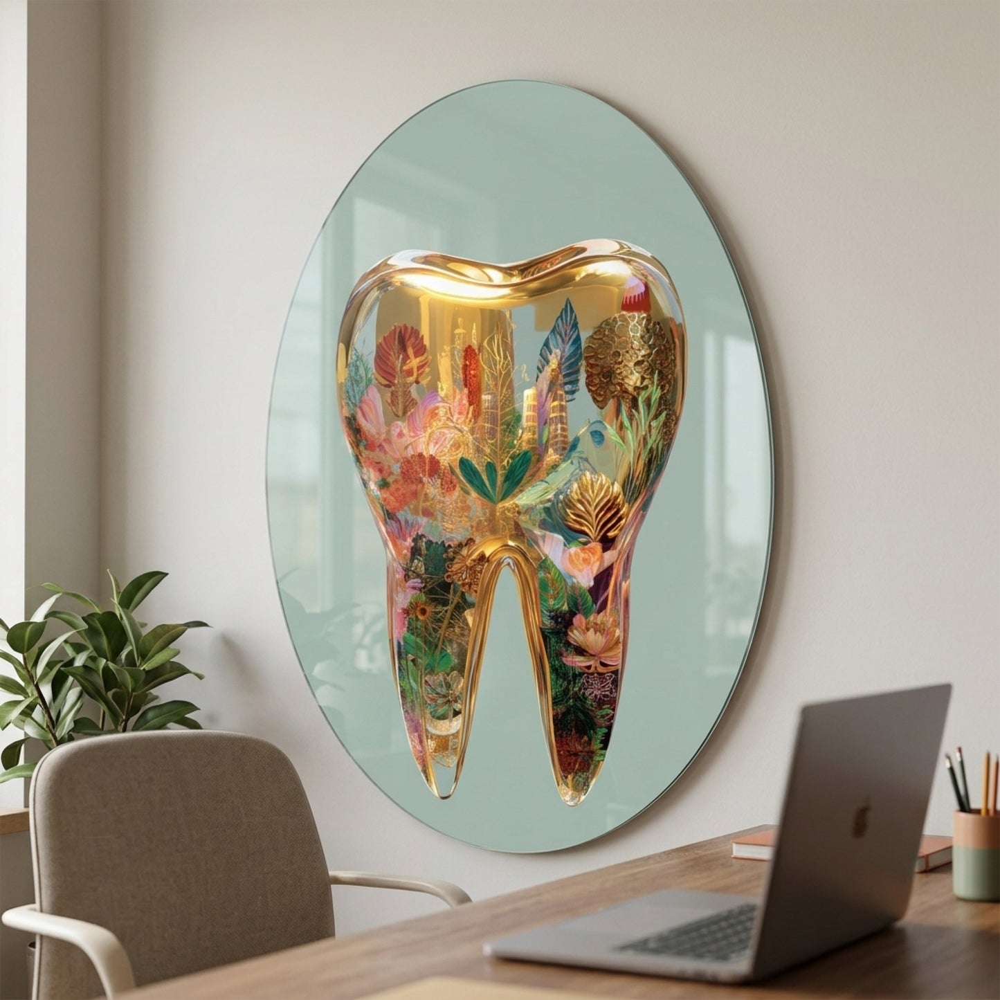 Modern Altın Diş Sanatı Çiçekli Oval Dikey Cam Tablo