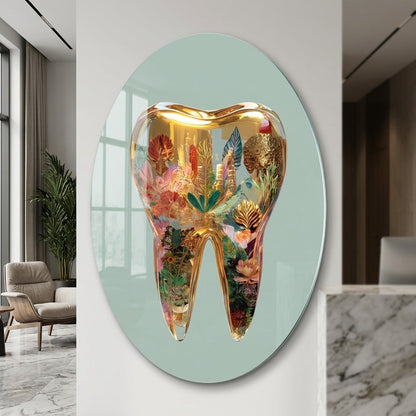 Modern Altın Diş Sanatı Çiçekli Oval Dikey Cam Tablo