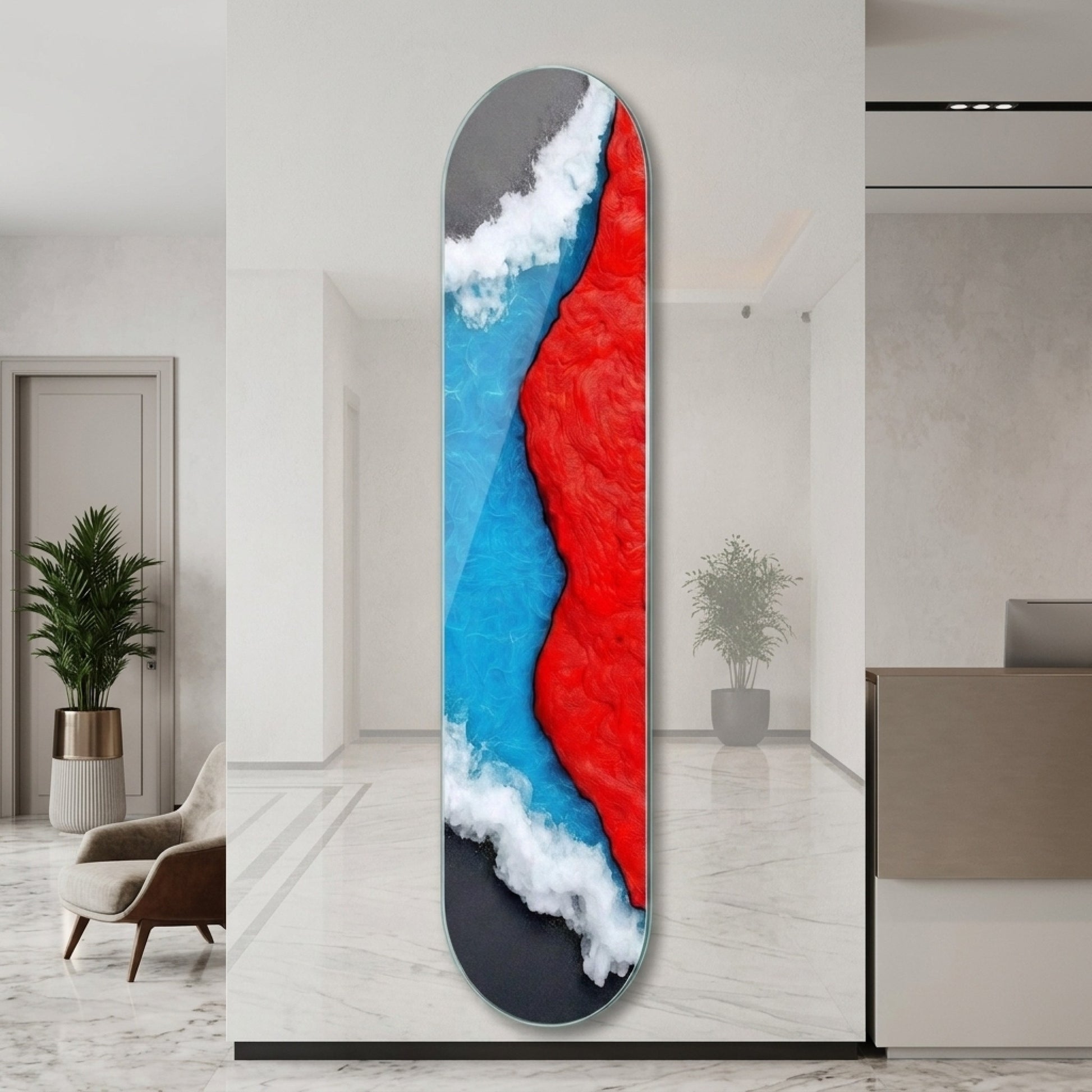 Modern Soyut Mavi Deniz Kırmızı Lav Skate Board Cam Tablo