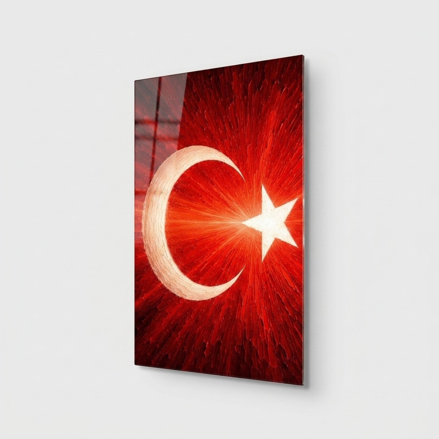 Sanatsal Dokulu Türk Bayrağı Ay Yıldız Dikey Cam Tablo