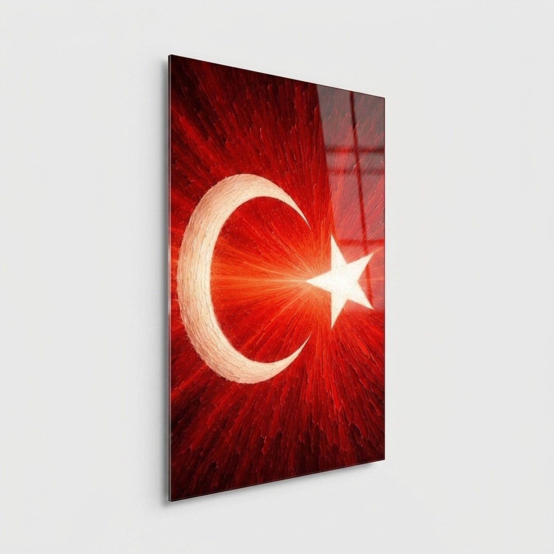 Sanatsal Dokulu Türk Bayrağı Ay Yıldız Dikey Cam Tablo