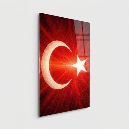 Sanatsal Dokulu Türk Bayrağı Ay Yıldız Dikey Cam Tablo