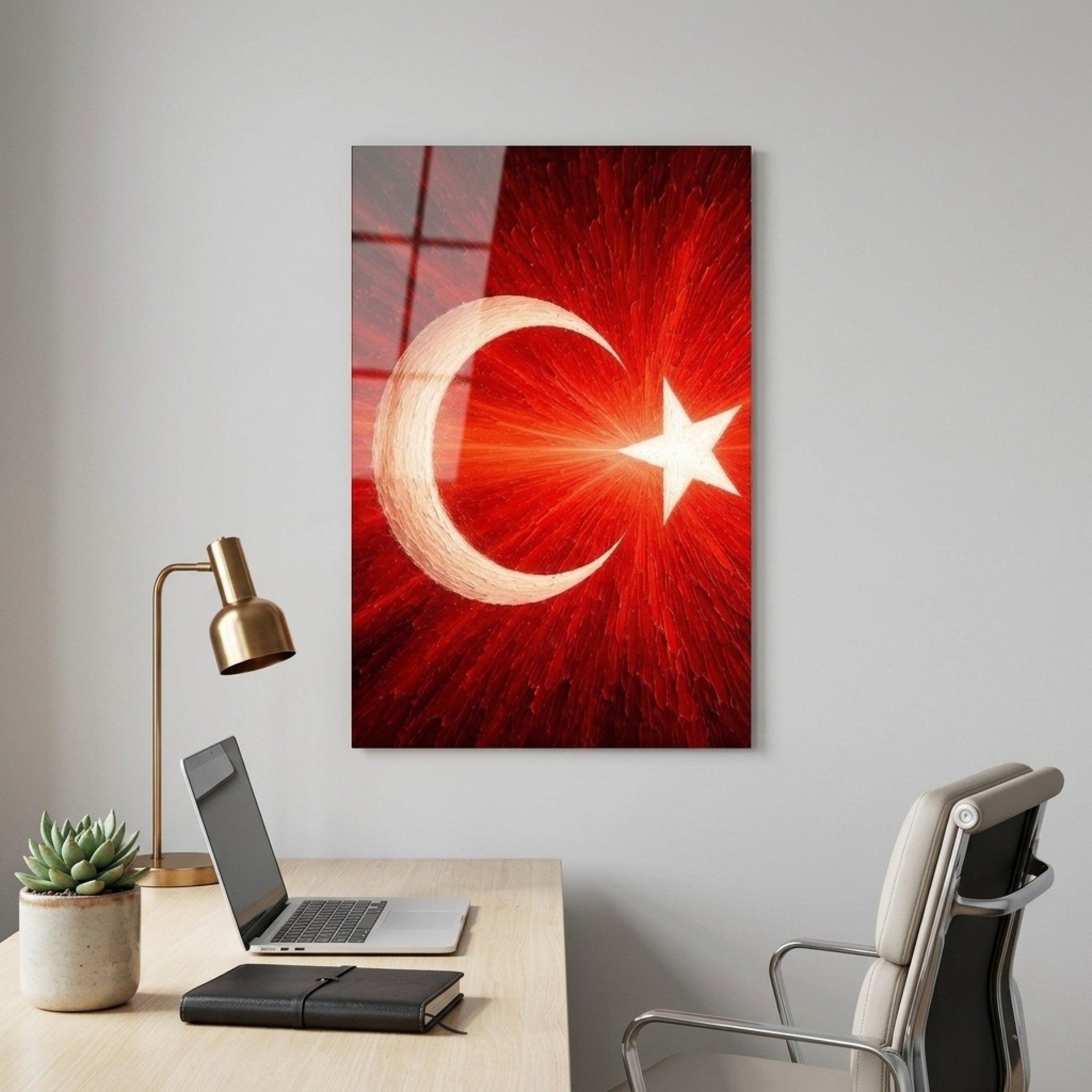 Sanatsal Dokulu Türk Bayrağı Ay Yıldız Dikey Cam Tablo