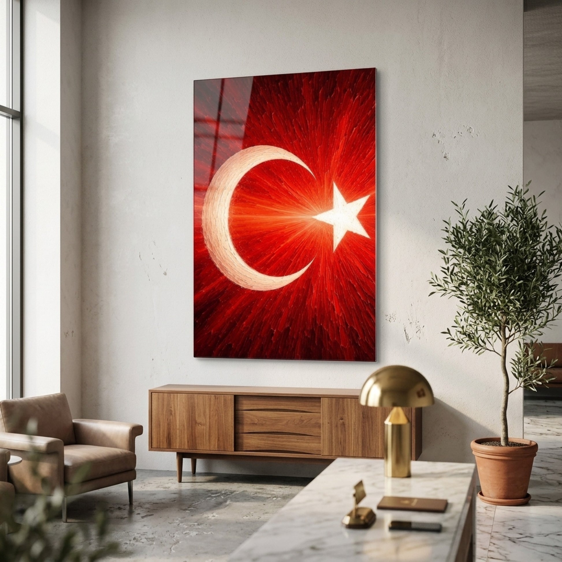 Sanatsal Dokulu Türk Bayrağı Ay Yıldız Dikey Cam Tablo
