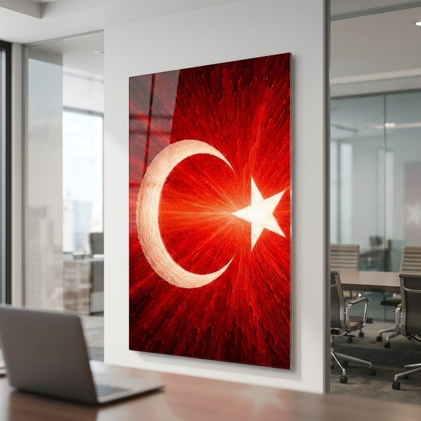 Sanatsal Dokulu Türk Bayrağı Ay Yıldız Dikey Cam Tablo