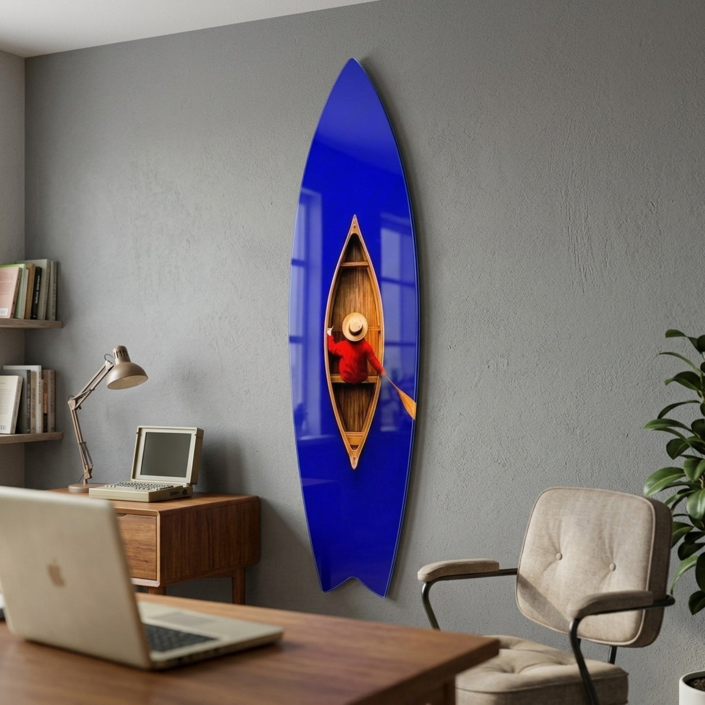 Mavi Suda Kırmızı Ceketli Kanocu Surf Board Cam Tablo