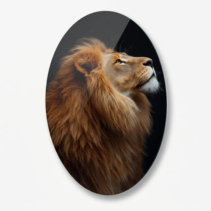 Görkemli Aslan Portresi Profil Oval Dikey Cam Tablo