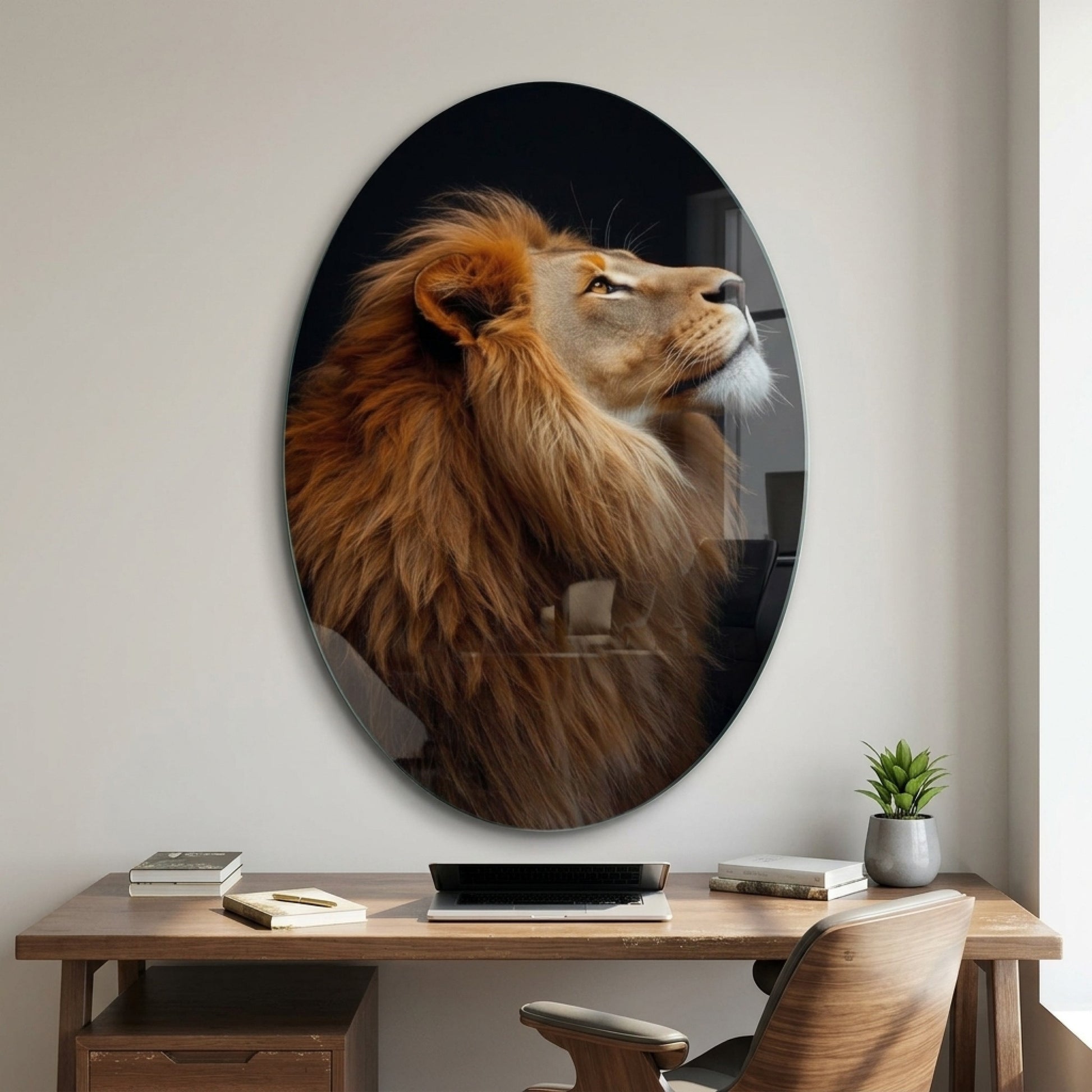 Görkemli Aslan Portresi Profil Oval Dikey Cam Tablo