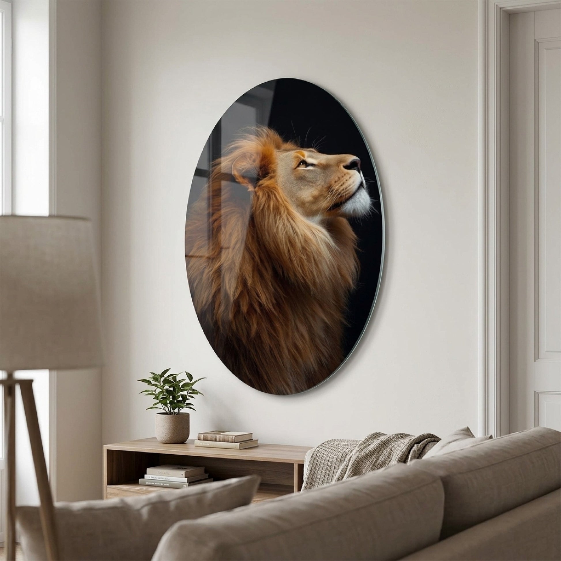 Görkemli Aslan Portresi Profil Oval Dikey Cam Tablo