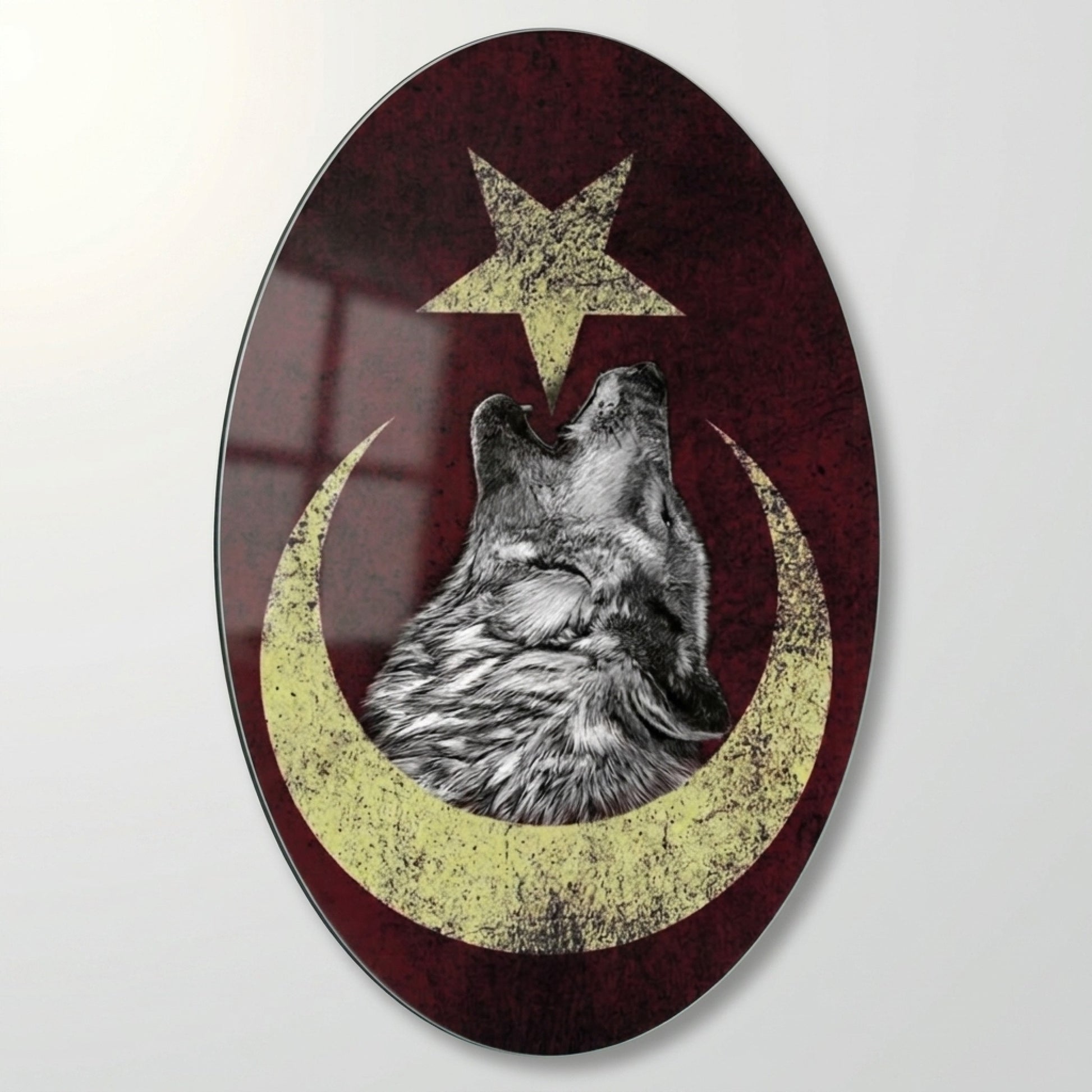 Ulu Bozkurt ve Ay Yıldız Vintage Amblem Oval Dikey Cam Tablo