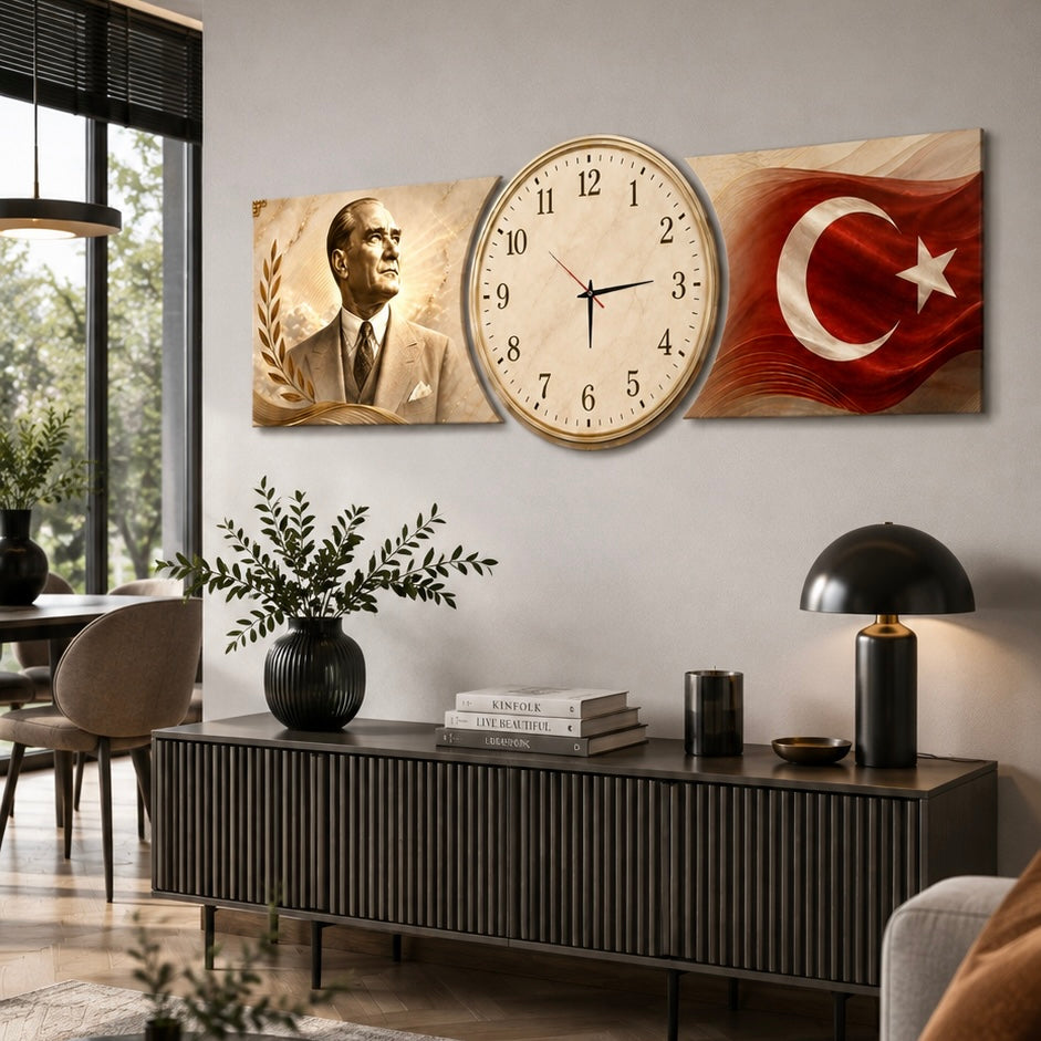 Atatürk Türk Bayrağı Saatli Şekilli Kesim Saat Cam Saat