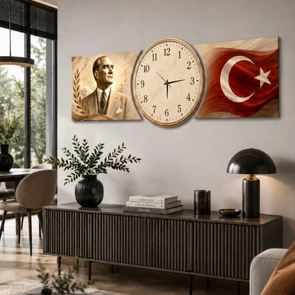 Atatürk Türk Bayrağı Saatli Şekilli Kesim Saat Cam Saat