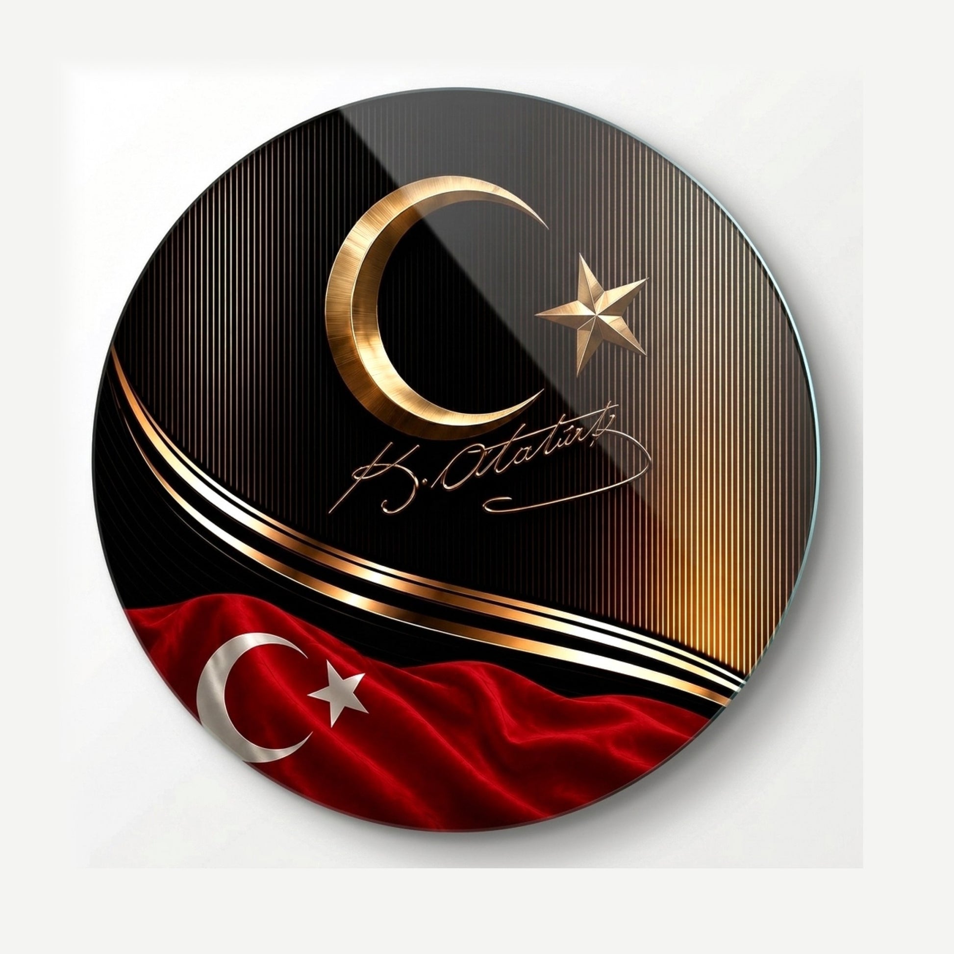 Atatürk İmzalı ve Ay Yıldızlı Lüks Yuvarlak Cam Tablo